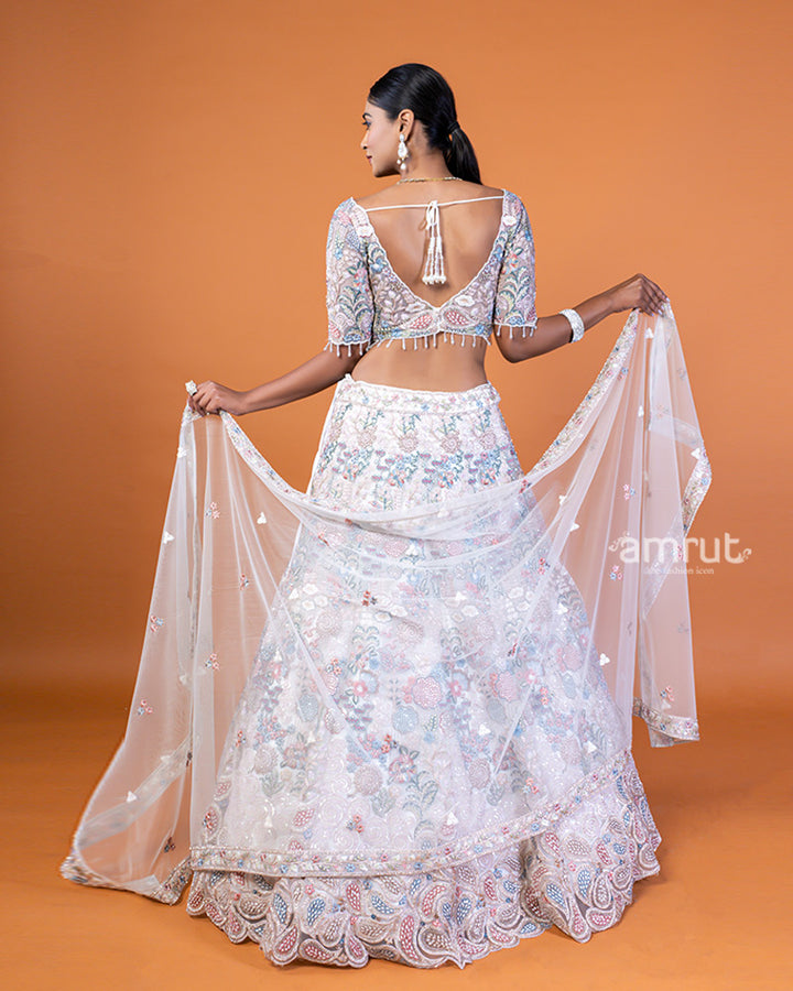 White Mirror Embroidered and Sequin Embellished Net Lehenga Choli