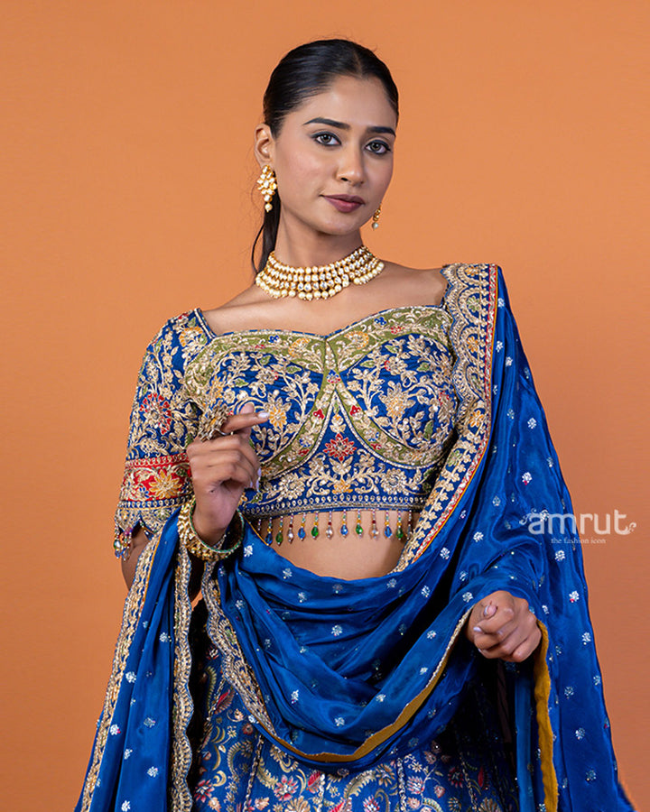 Royal Blue Embroidered Lehenga Choli with Gold Accents and Dupatta