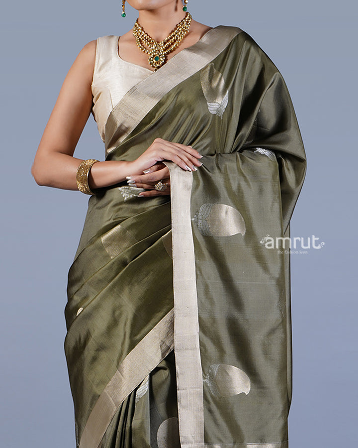 Mehendi Green with Golden Zari Leaf Patterns and Geometric Motifs Saree with unstitched blouse