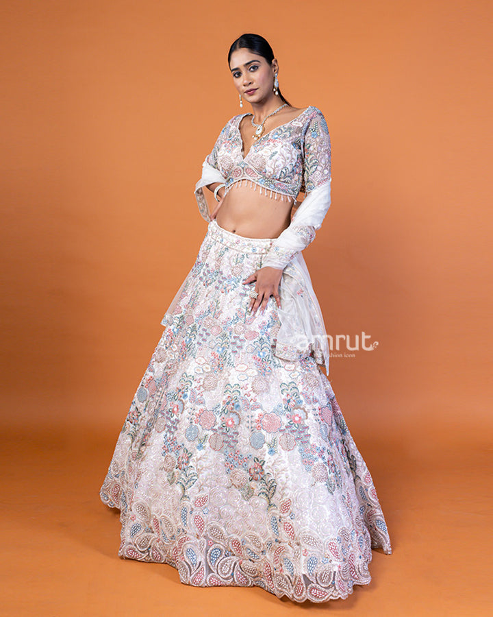 White Mirror Embroidered and Sequin Embellished Net Lehenga Choli