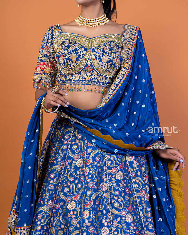 Royal Blue Embroidered Lehenga Choli with Gold Accents and Dupatta