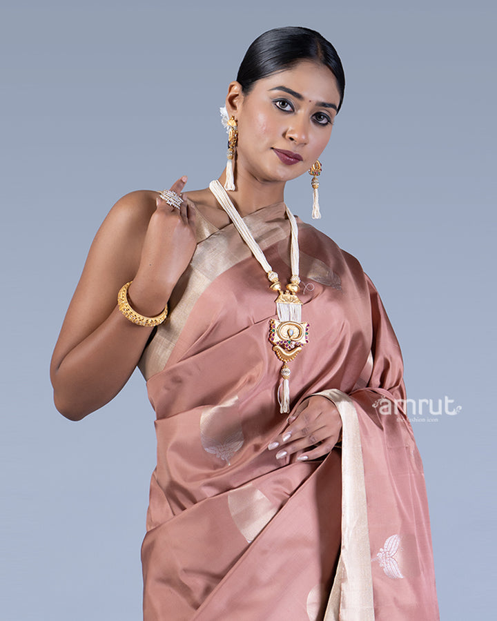 Light Dusty Rose with Cream Border and Gold Zari Motifs Saree with unstitched blouse