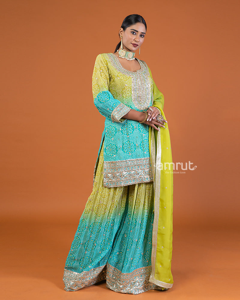 Lime Yellow and Turquoise Blue Ombre Sequins & Bead Detailing Embellished Salwar Kameez