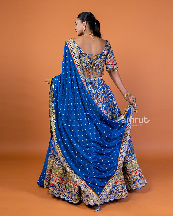 Royal Blue Embroidered Lehenga Choli with Gold Accents and Dupatta