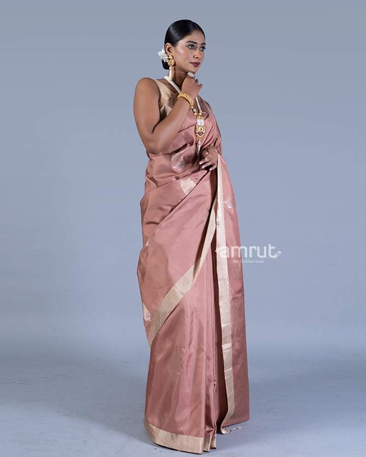 Light Dusty Rose with Cream Border and Gold Zari Motifs Saree with unstitched blouse