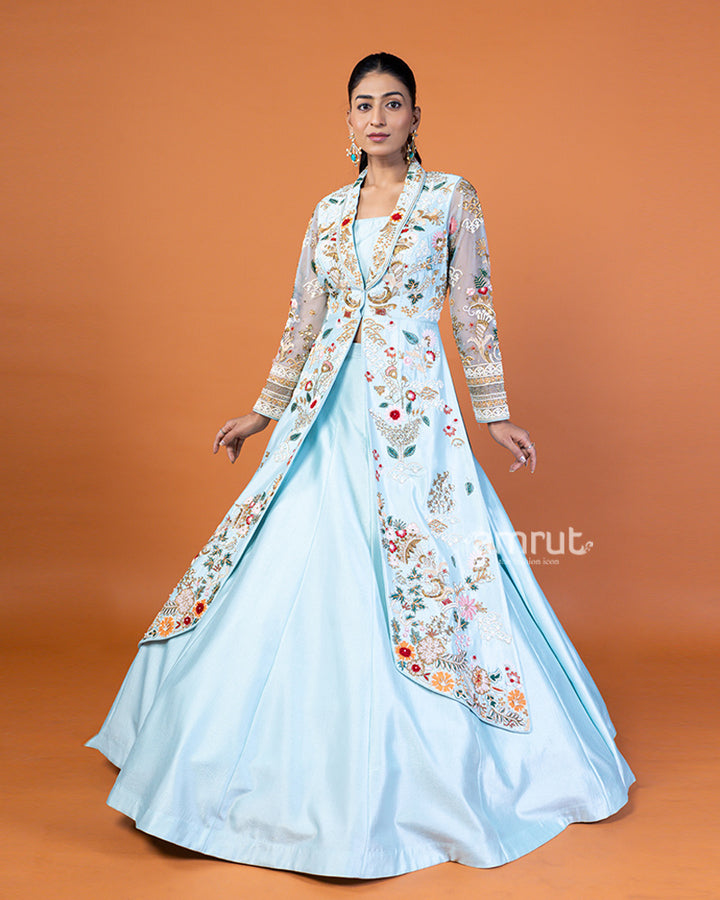 Sky Blue Shining Lehenga Choli with Embroidered Long Jacket