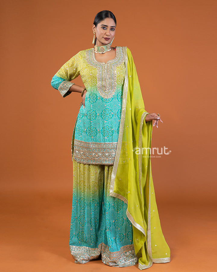 Lime Yellow and Turquoise Blue Ombre Sequins & Bead Detailing Embellished Salwar Kameez