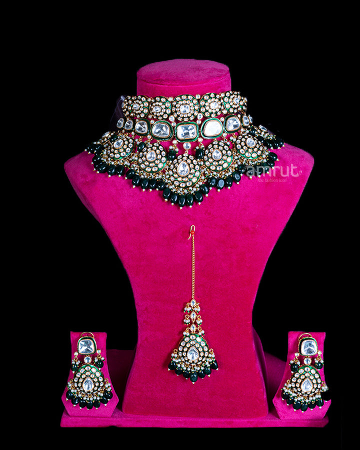 Bridal Choker Necklace with White and Green Stones, Earrings and Matha Patti