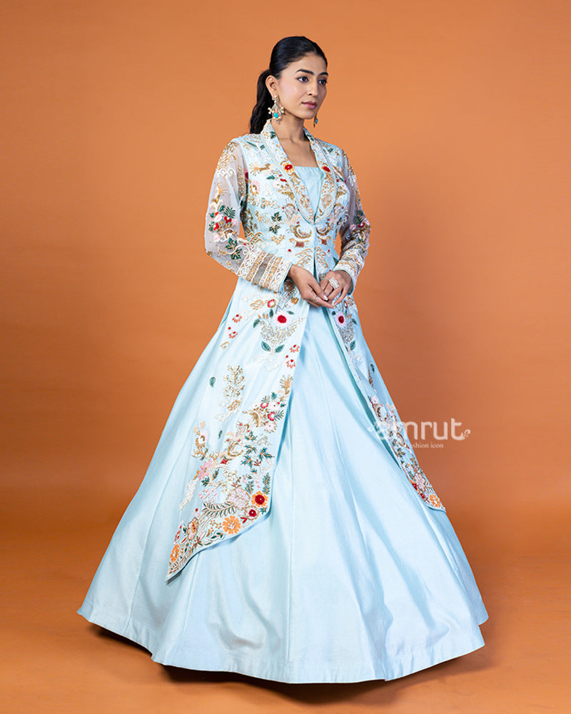 Sky Blue Shining Lehenga Choli with Embroidered Long Jacket