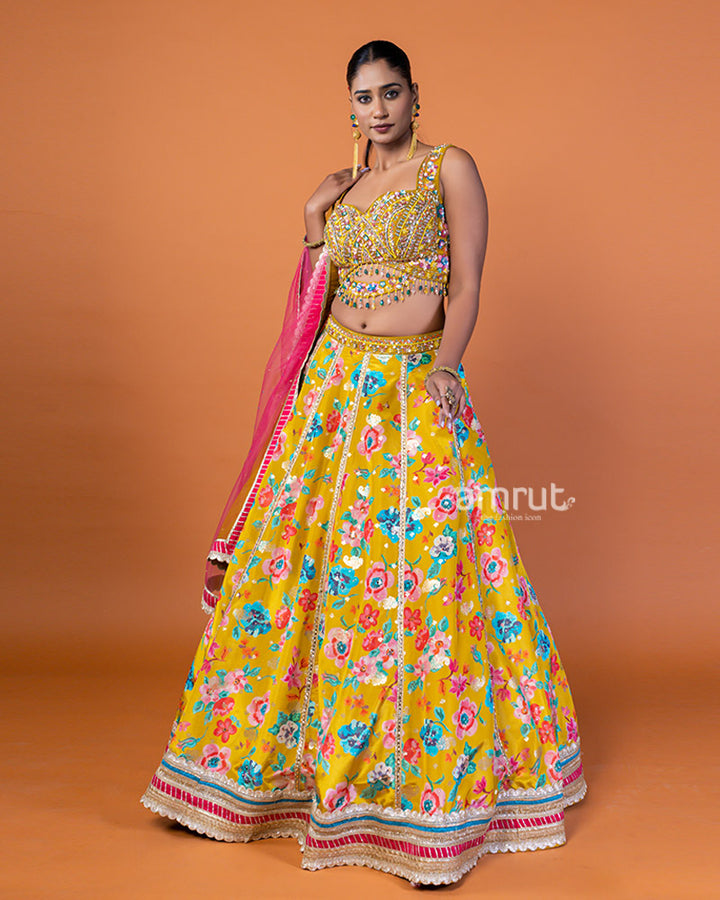 Mustard Yellow Floral Lehenga with Sequin-Embellished Choli and Sheer Dupatta