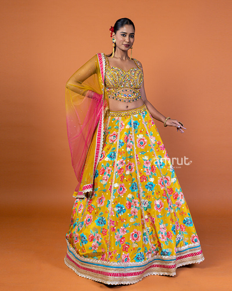 Mustard Yellow Floral Lehenga with Sequin-Embellished Choli and Sheer Dupatta