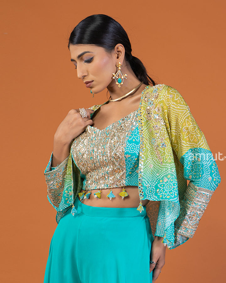 Lime Yellow & Turquoise Ombre Sequin-Embellished Jacket with Palazzo & Crop Top