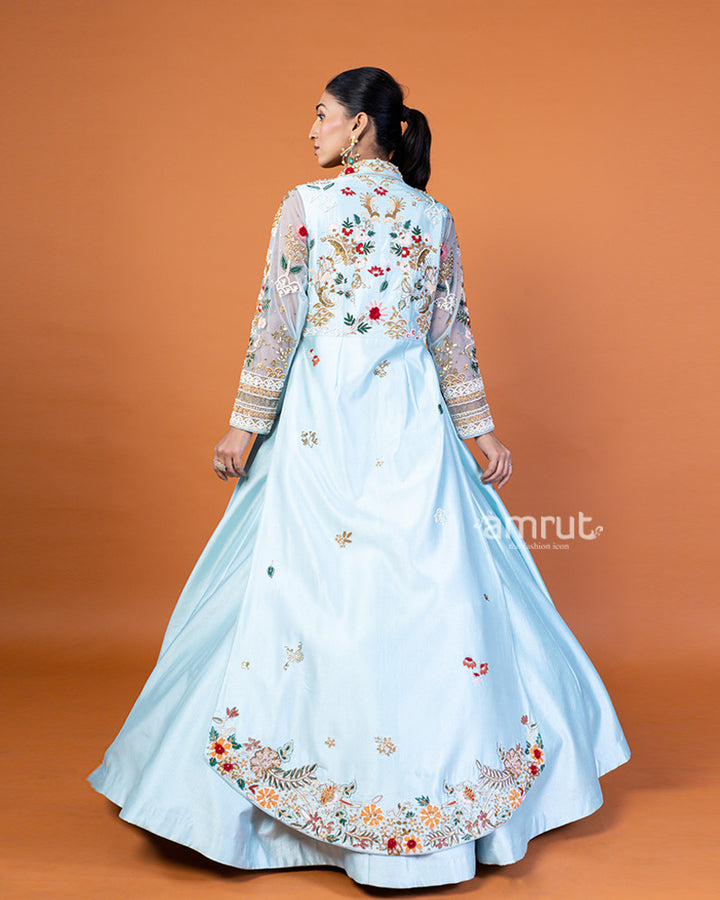 Sky Blue Shining Lehenga Choli with Embroidered Long Jacket