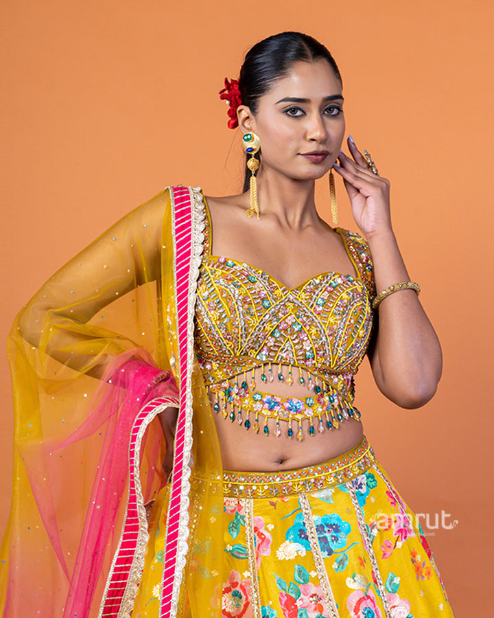 Mustard Yellow Floral Lehenga with Sequin-Embellished Choli and Sheer Dupatta