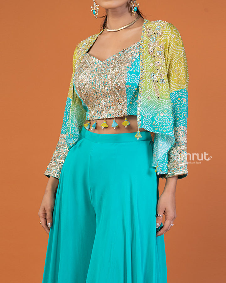 Lime Yellow & Turquoise Ombre Sequin-Embellished Jacket with Palazzo & Crop Top