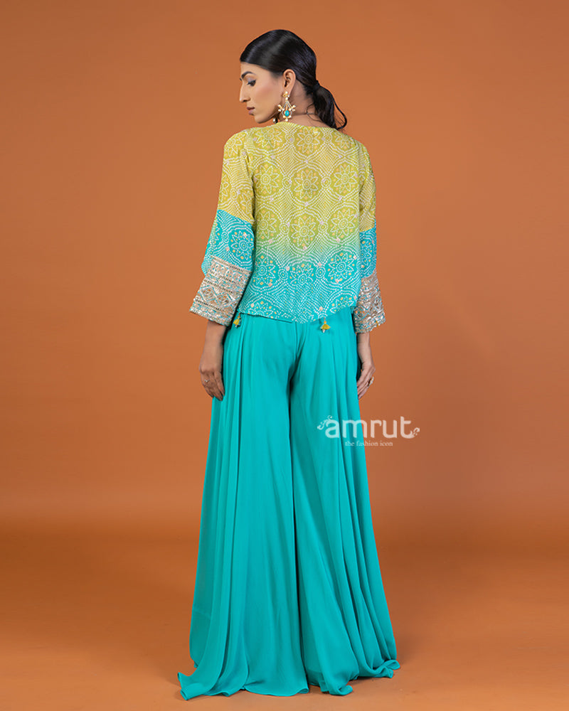 Lime Yellow & Turquoise Ombre Sequin-Embellished Jacket with Palazzo & Crop Top