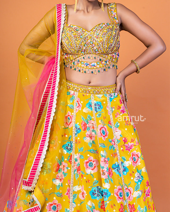 Mustard Yellow Floral Lehenga with Sequin-Embellished Choli and Sheer Dupatta