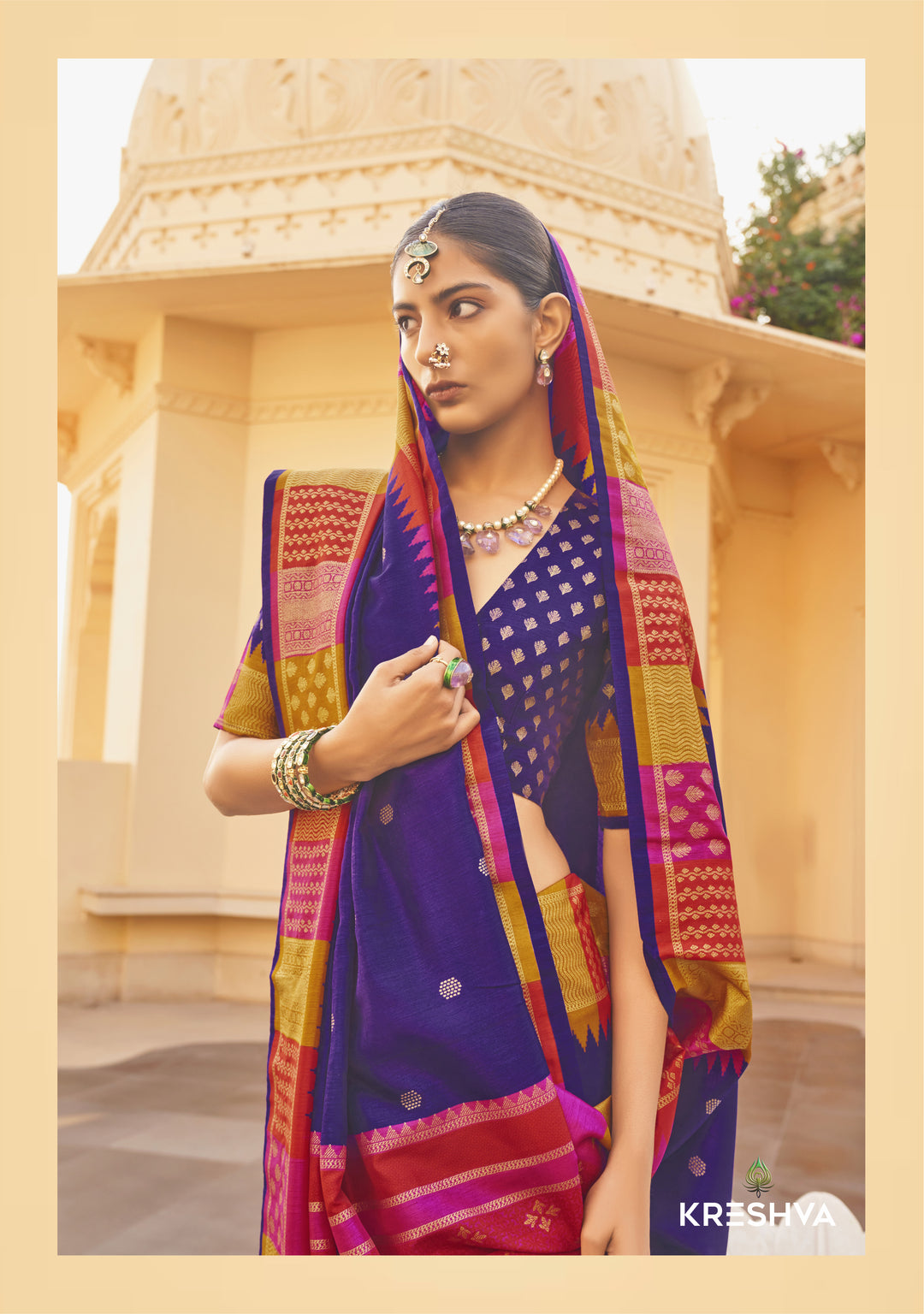 Royal Blue Designer Silk Saree with Pink-Gold Contrast Zari Border