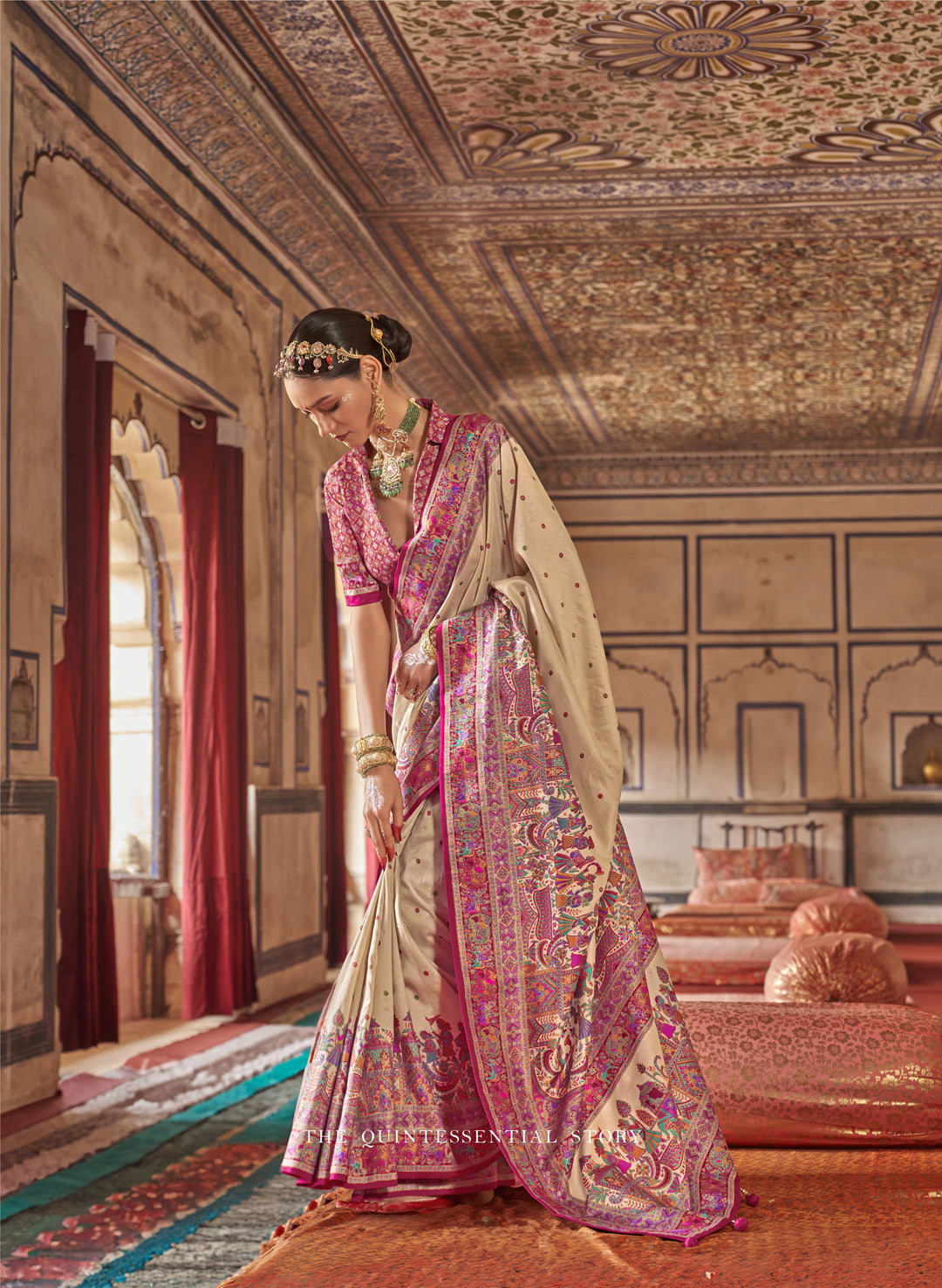Royal Rajtilak  Pashmina Inspired Heritage Print Cream Saree with Traditional Folk Border