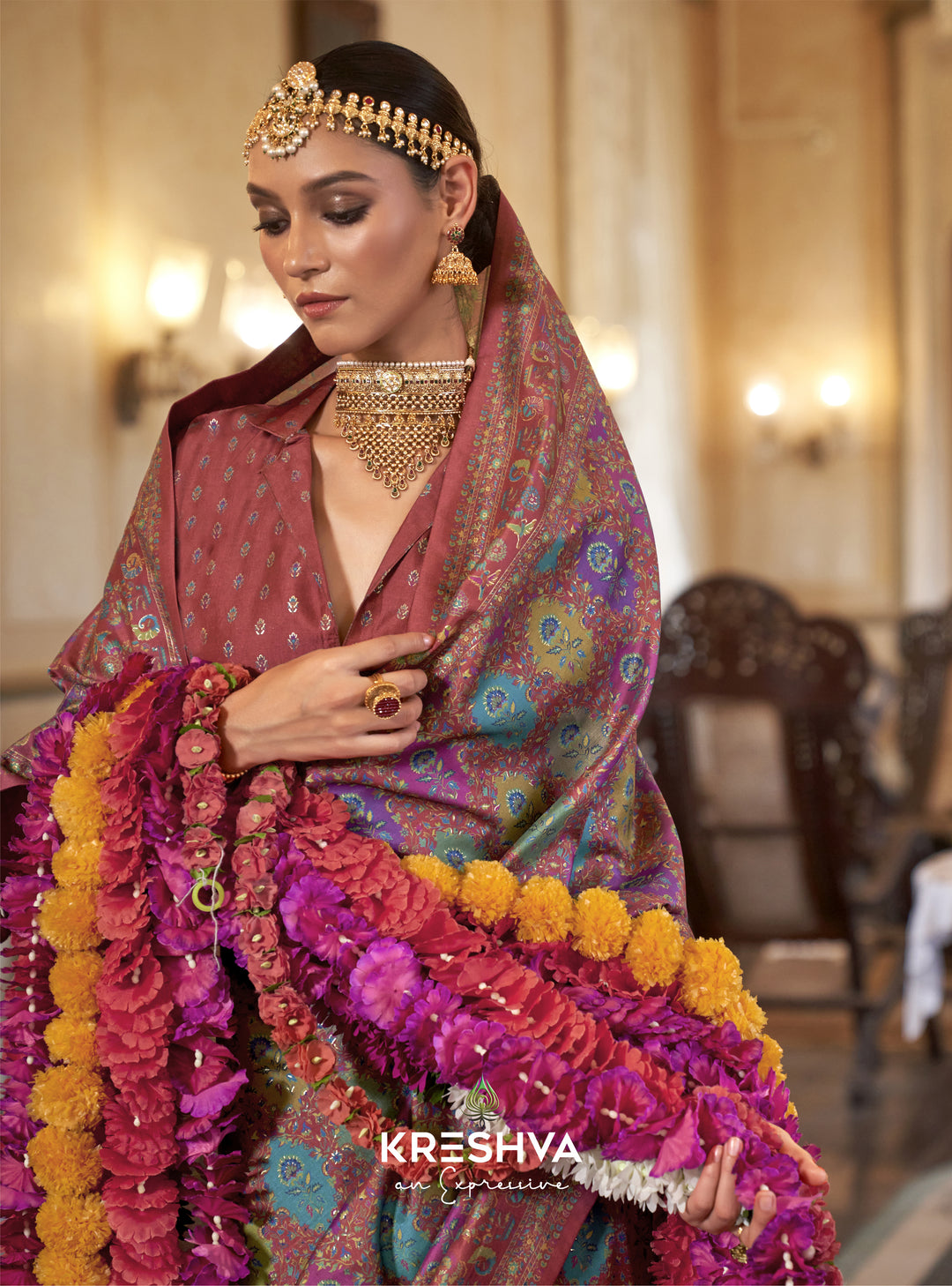 Rose Maroon Pashmina Inspired Heritage Designer Saree