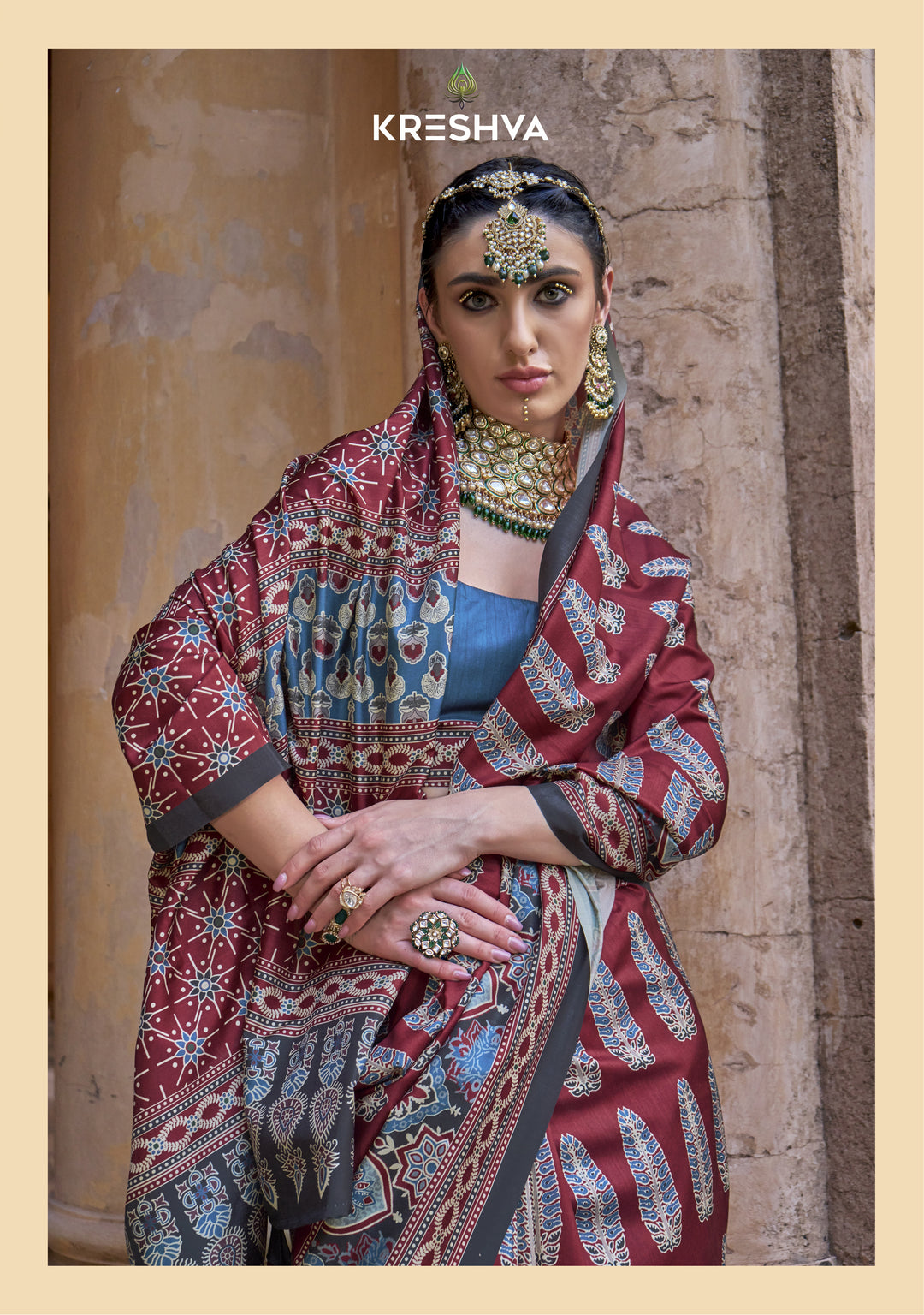 Maroon & Indigo Ajrakh Printed Saree with Traditional Heritage Motifs