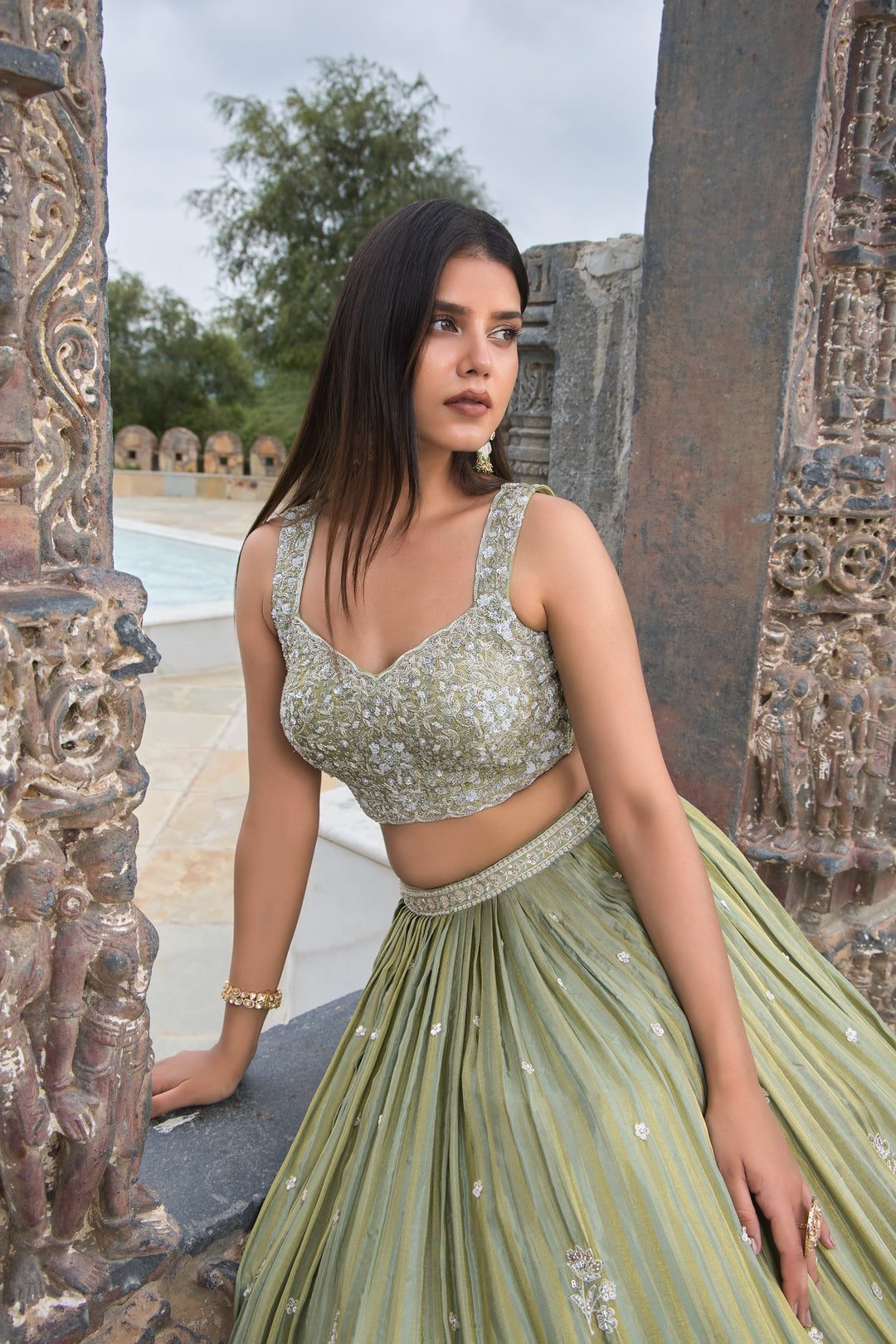Olive green with silver embellishments Lehenga Choli