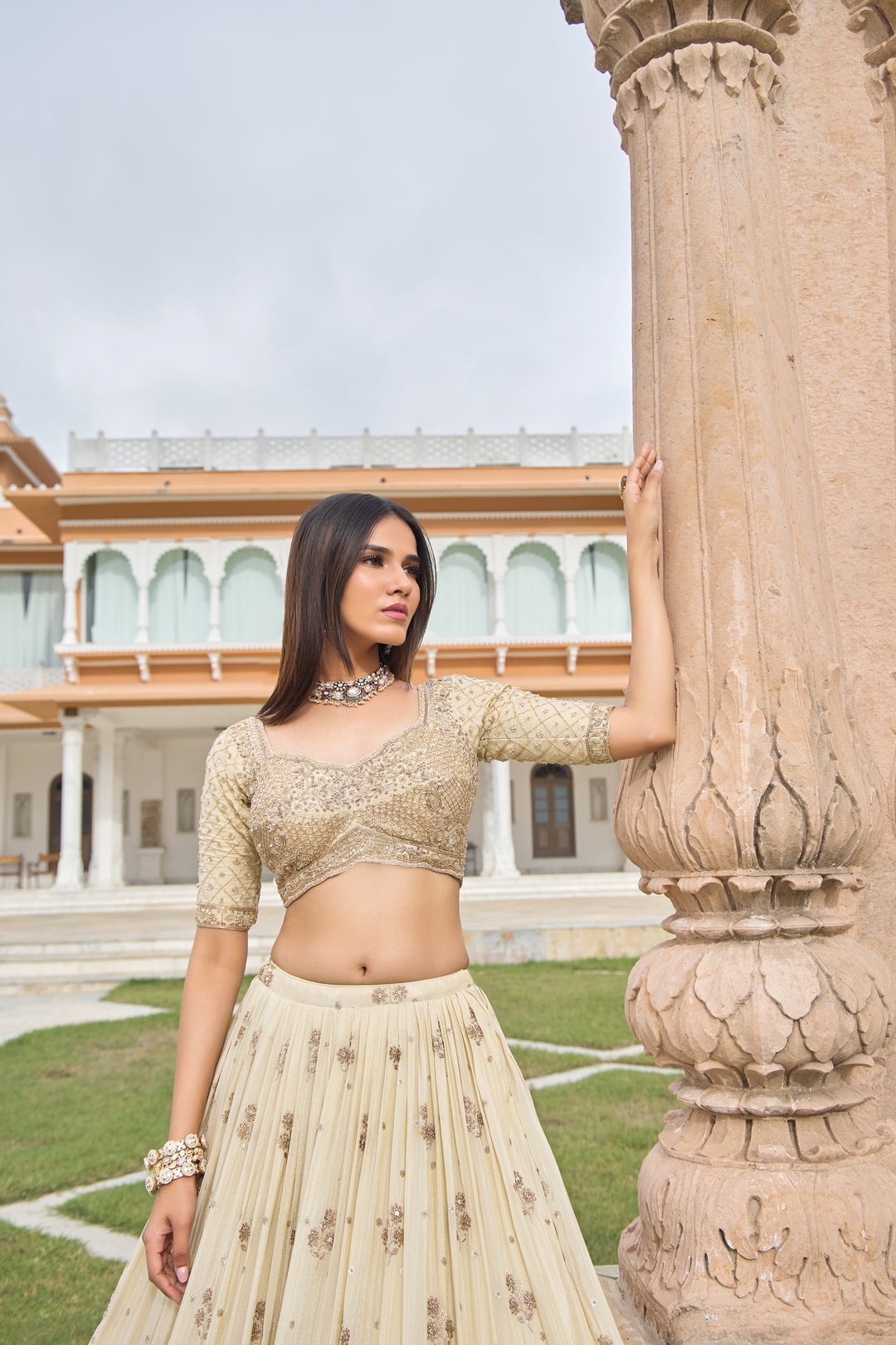 Golden Beige Threadwork Embellished Lehenga Choli Set