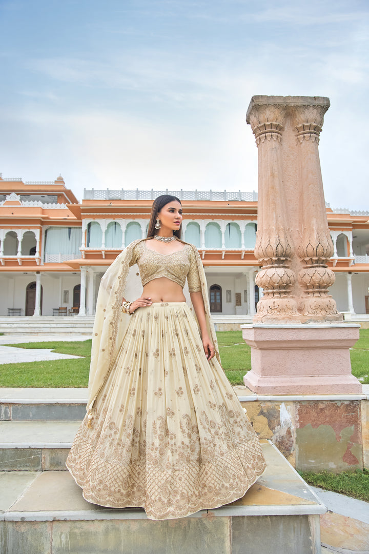 Golden Beige Threadwork Embellished Lehenga Choli Set