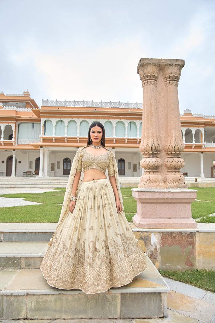 Golden Beige Threadwork Embellished Lehenga Choli Set