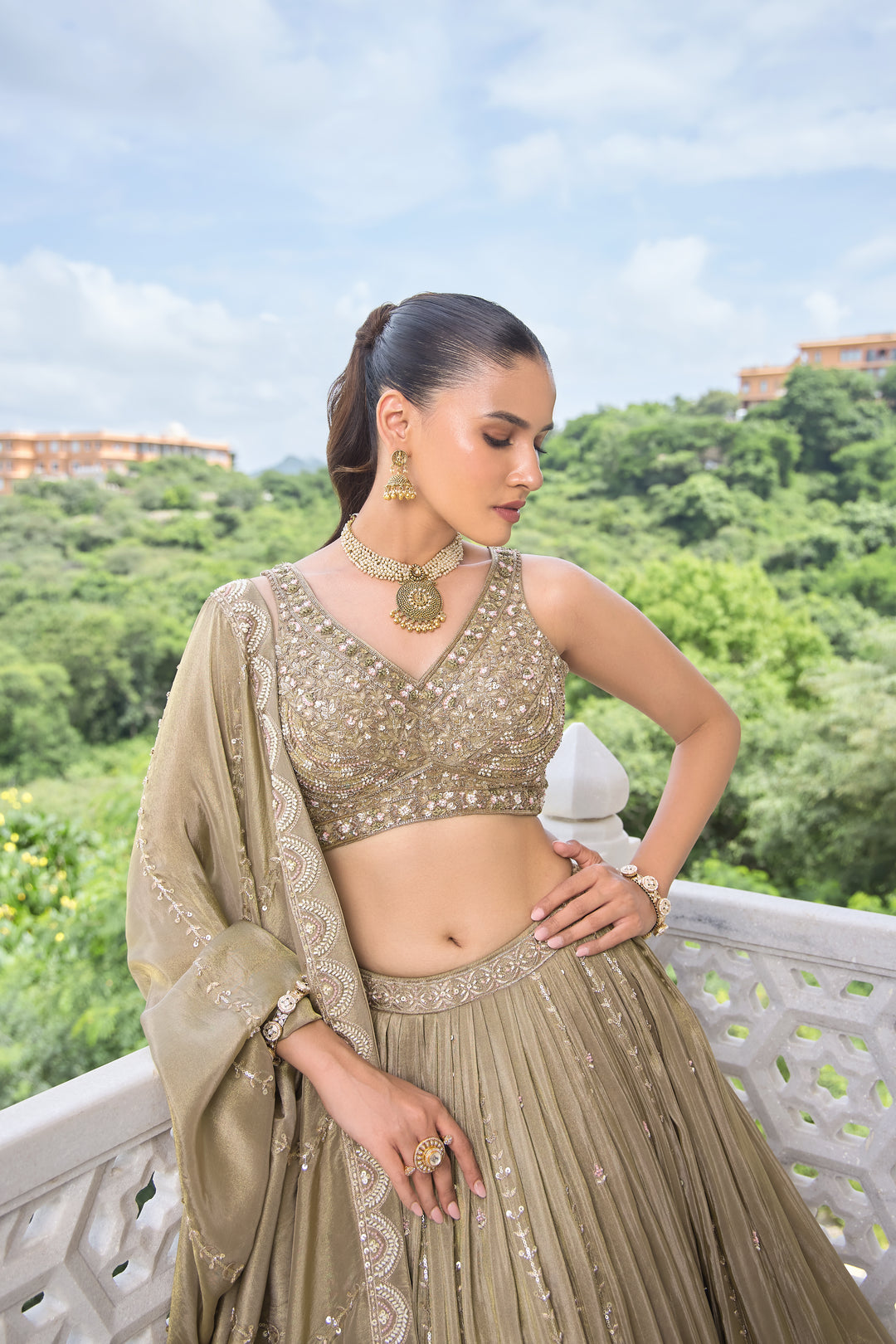 Sage Gold Mirror and Zari Work Lehenga Choli Set