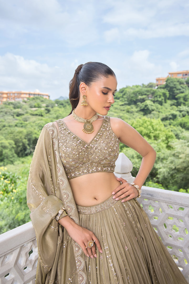 Sage Gold Mirror and Zari Work Lehenga Choli Set