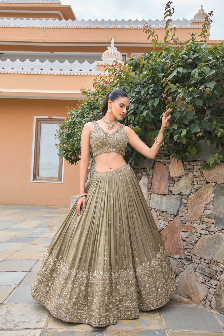Sage Gold Mirror and Zari Work Lehenga Choli Set