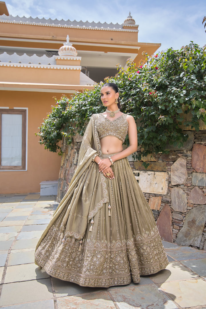 Sage Gold Mirror and Zari Work Lehenga Choli Set