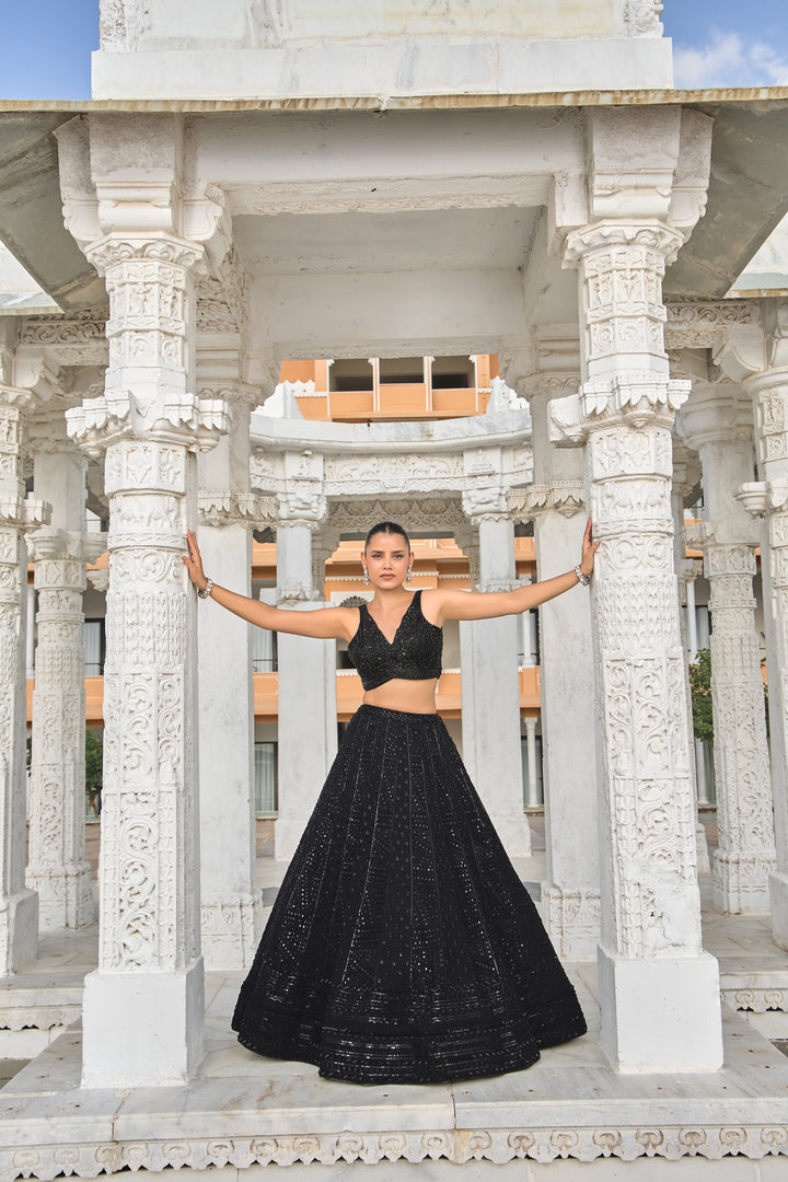 Black Sequined Embroidered Lehenga Choli with Sheer Dupatta
