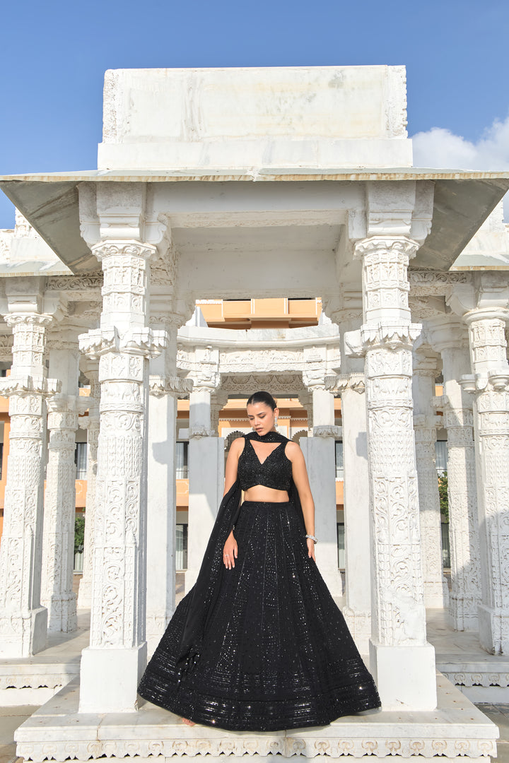 Black Sequined Embroidered Lehenga Choli with Sheer Dupatta