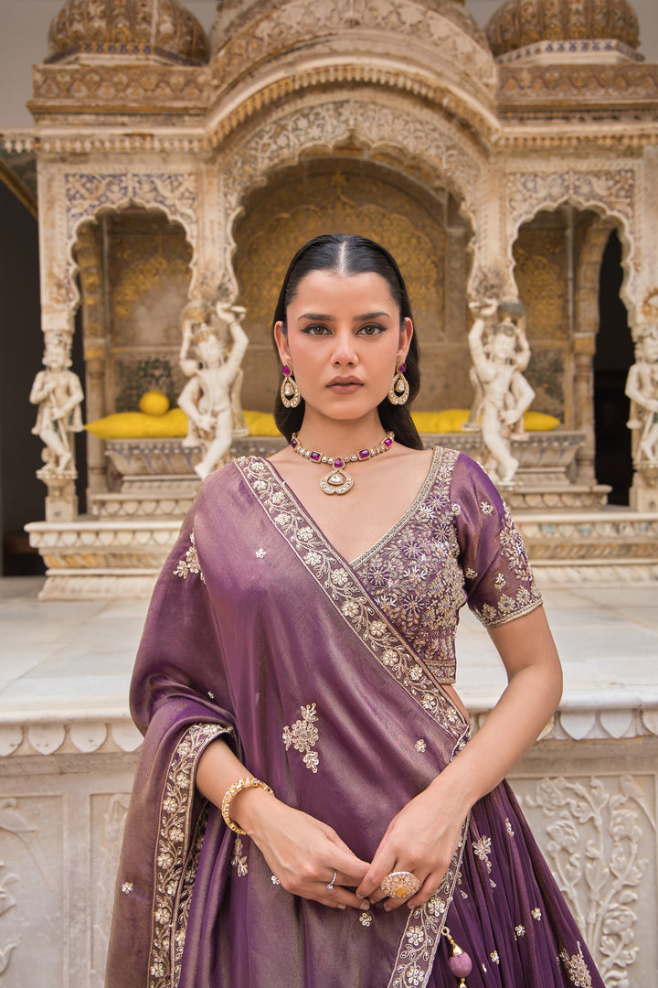 Wine Floral Hand-Embroidered Lehenga Choli with Dupatta