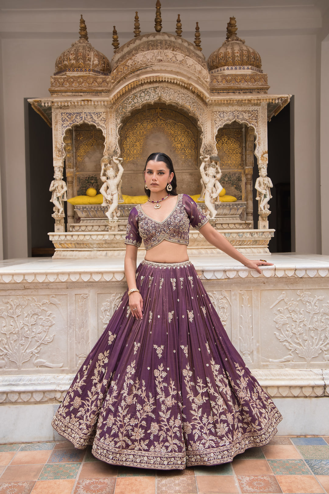 Wine Floral Hand-Embroidered Lehenga Choli with Dupatta