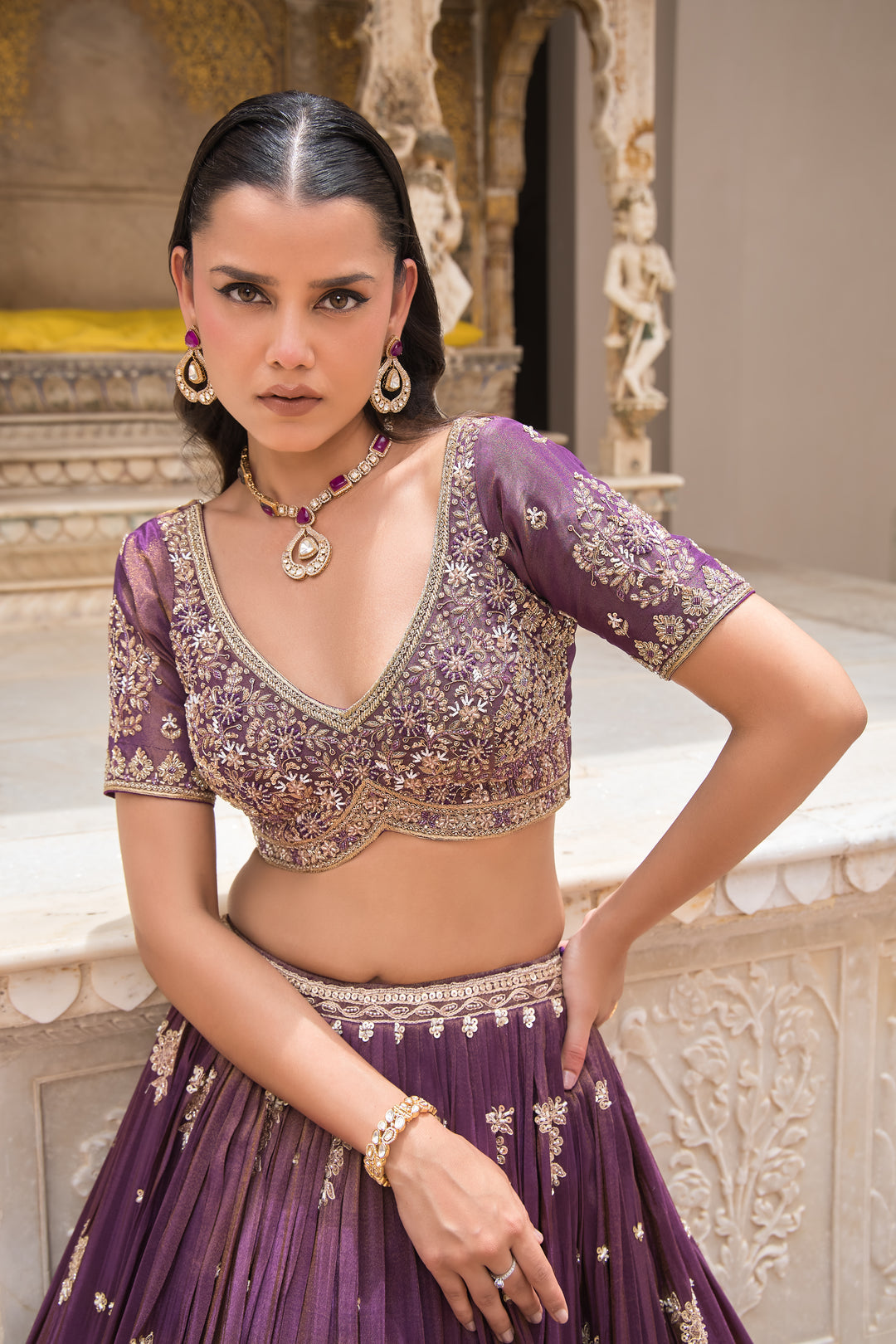 Wine Floral Hand-Embroidered Lehenga Choli with Dupatta