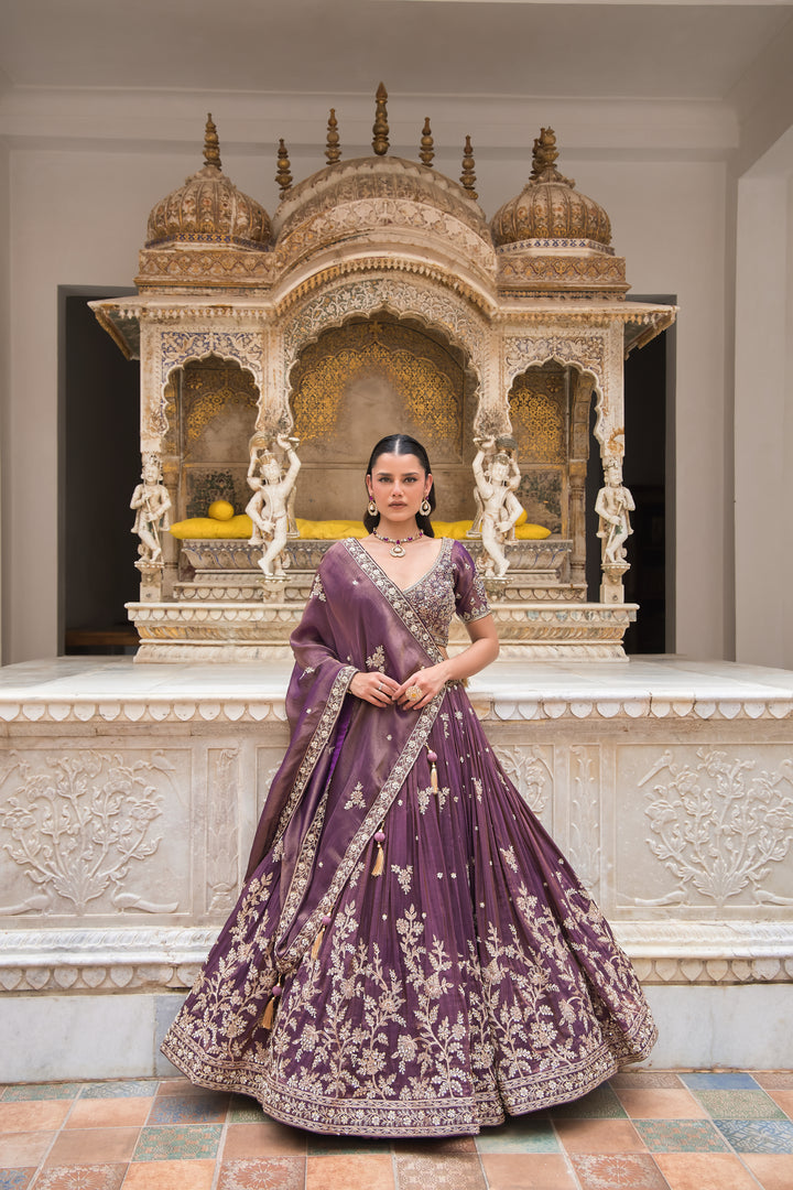 Wine Floral Hand-Embroidered Lehenga Choli with Dupatta