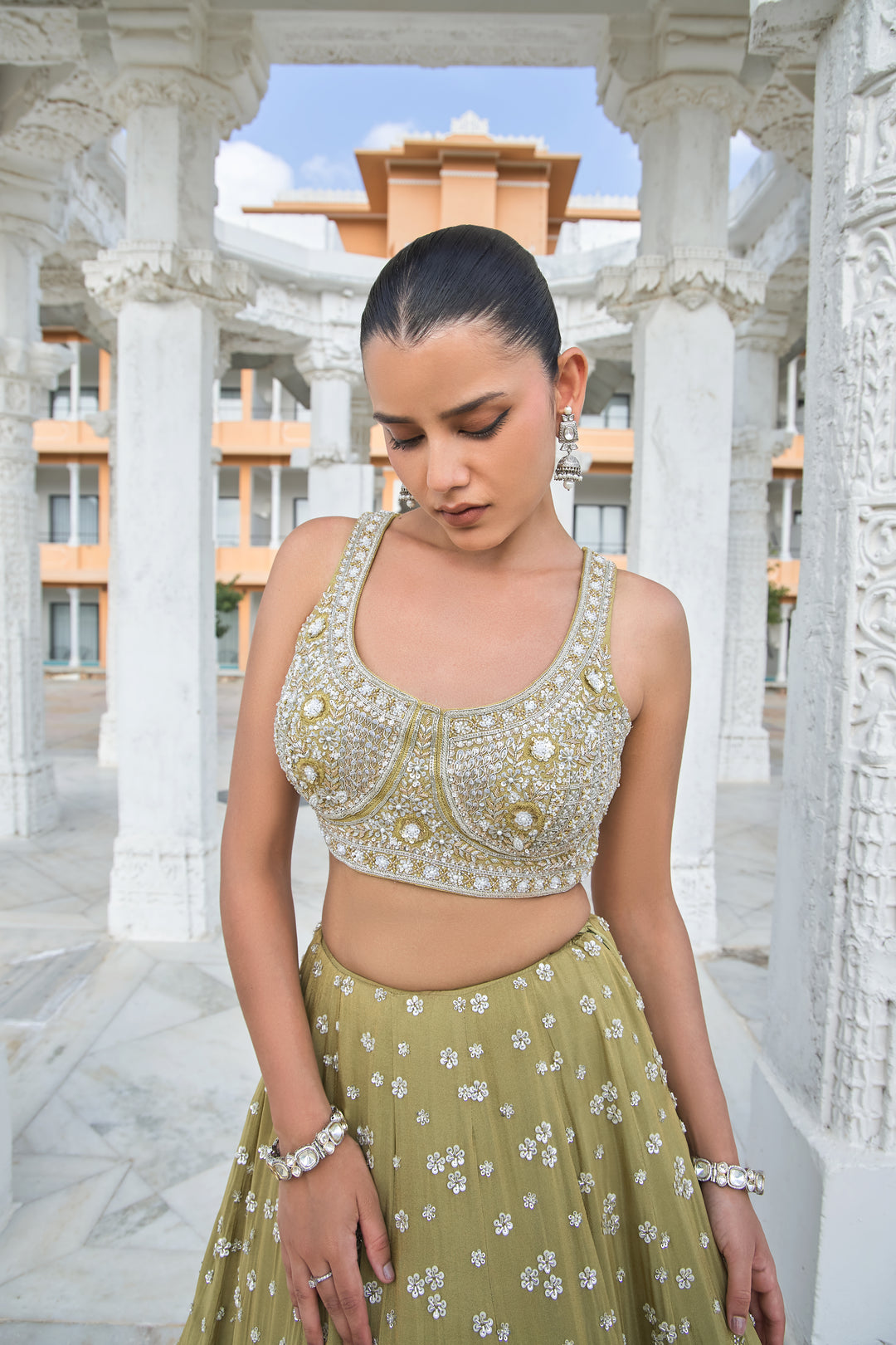 Green Silver Threadwork Embroidered Lehenga Choli with Dupatta