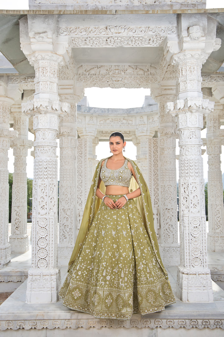 Green Silver Threadwork Embroidered Lehenga Choli with Dupatta
