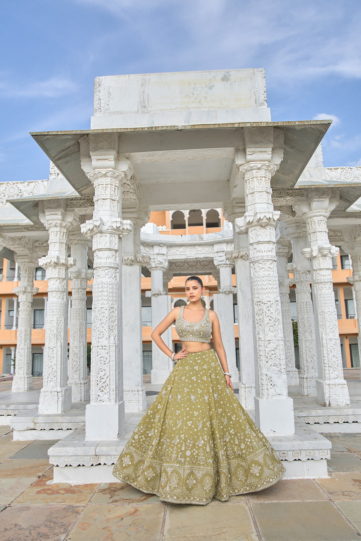 Green Silver Threadwork Embroidered Lehenga Choli with Dupatta