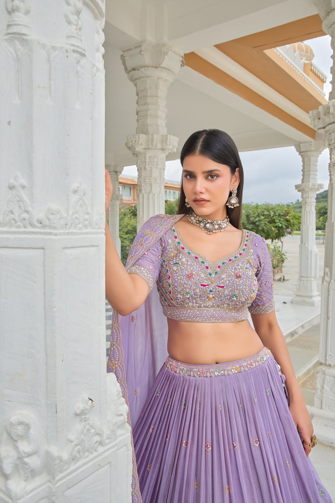 Lavender Threadwork & Mirror Embroidered Lehenga Choli with Dupatta
