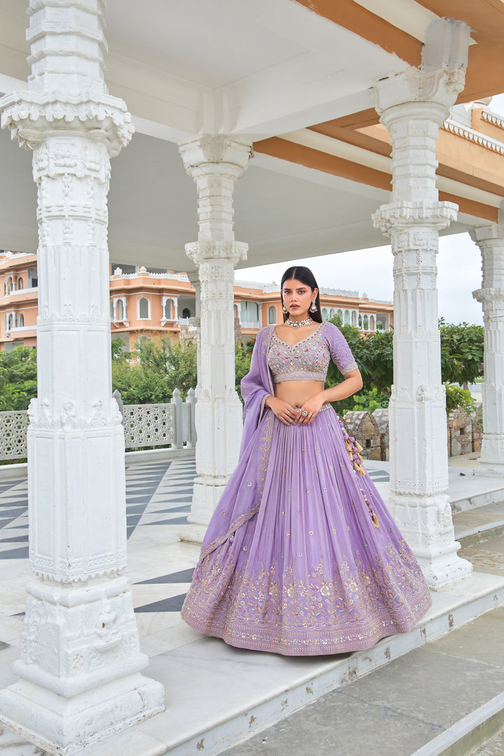 Lavender Threadwork & Mirror Embroidered Lehenga Choli with Dupatta