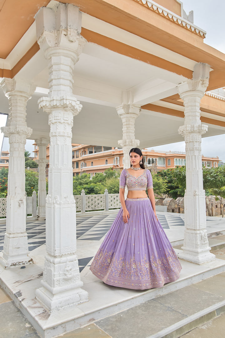 Lavender Threadwork & Mirror Embroidered Lehenga Choli with Dupatta