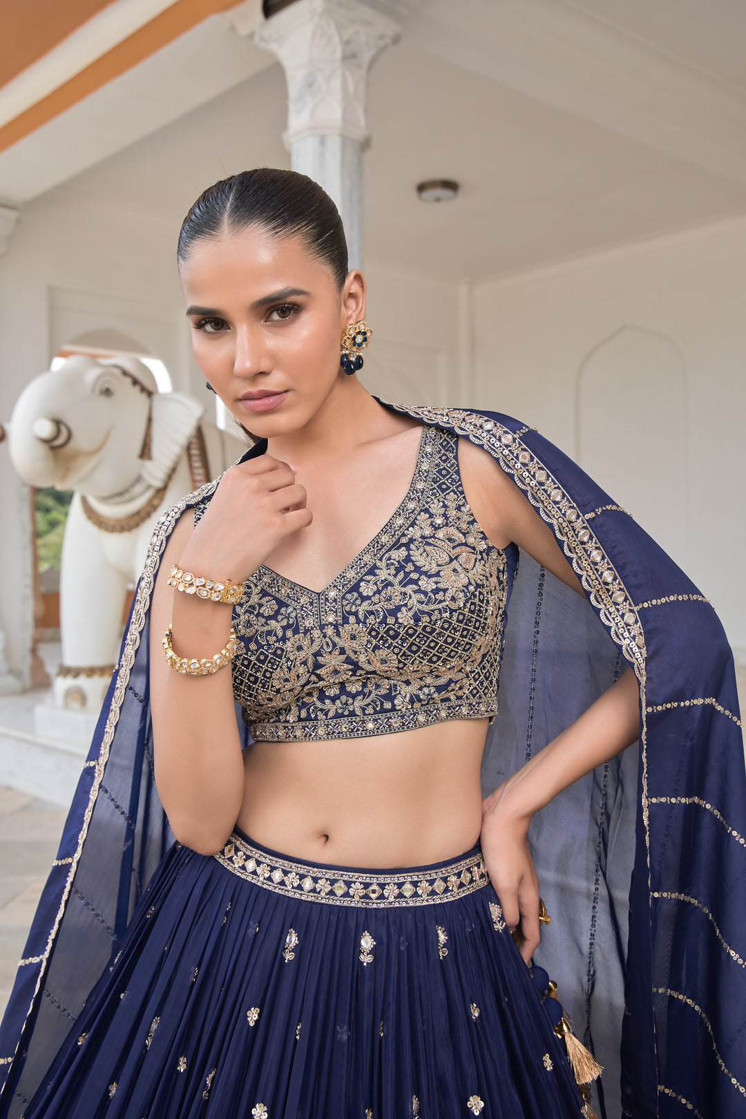Navy Blue Sequin & Threadwork Embroidered Lehenga Choli with Dupatta