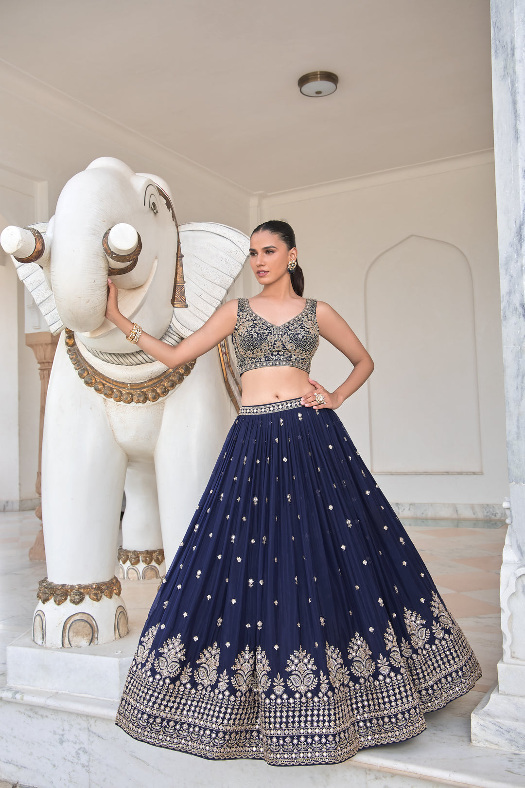 Navy Blue Sequin & Threadwork Embroidered Lehenga Choli with Dupatta