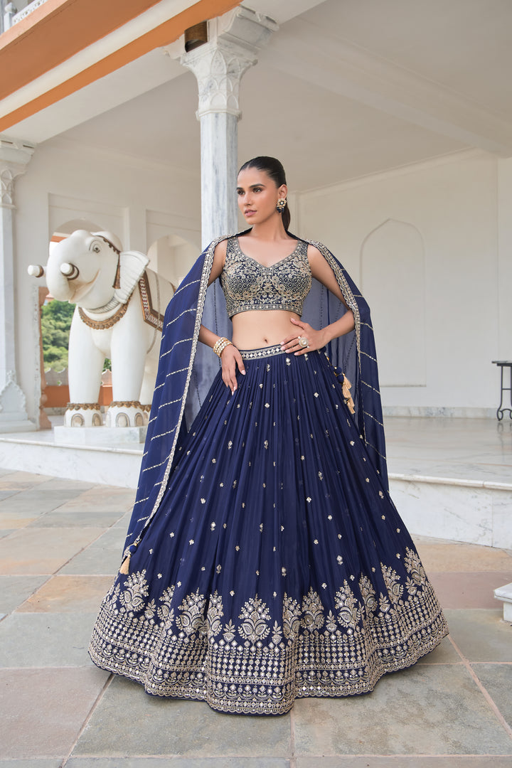 Navy Blue Sequin & Threadwork Embroidered Lehenga Choli with Dupatta
