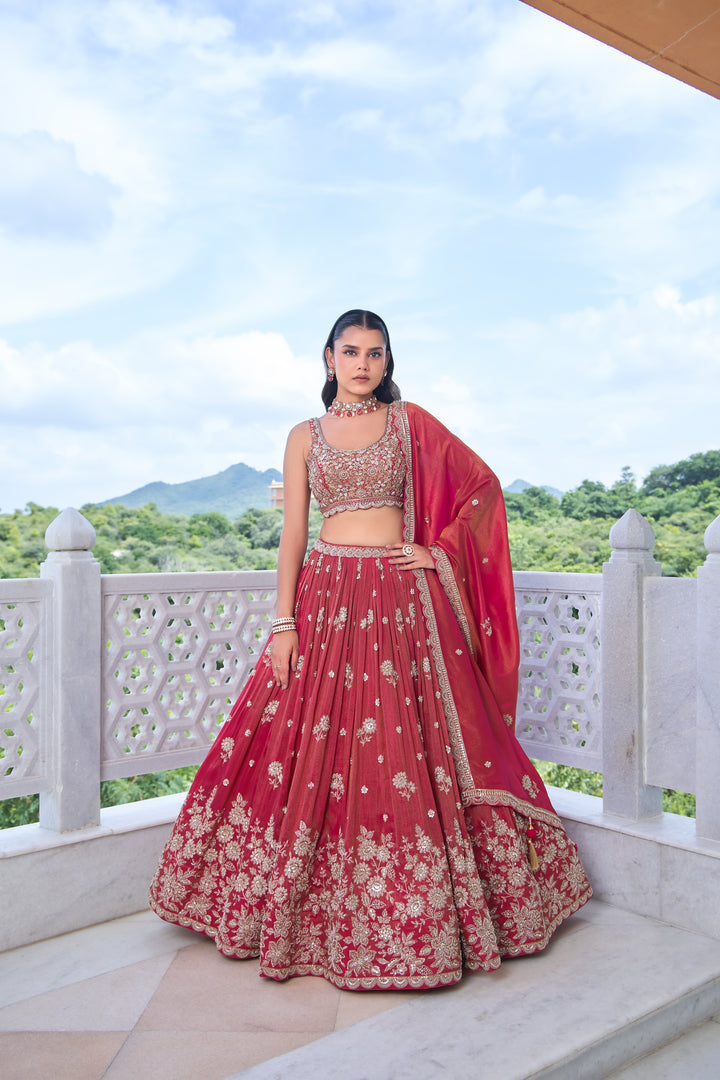 Red Silk Blend Lehenga Choli with Opulent Golden Floral Embroidery & Dupatta