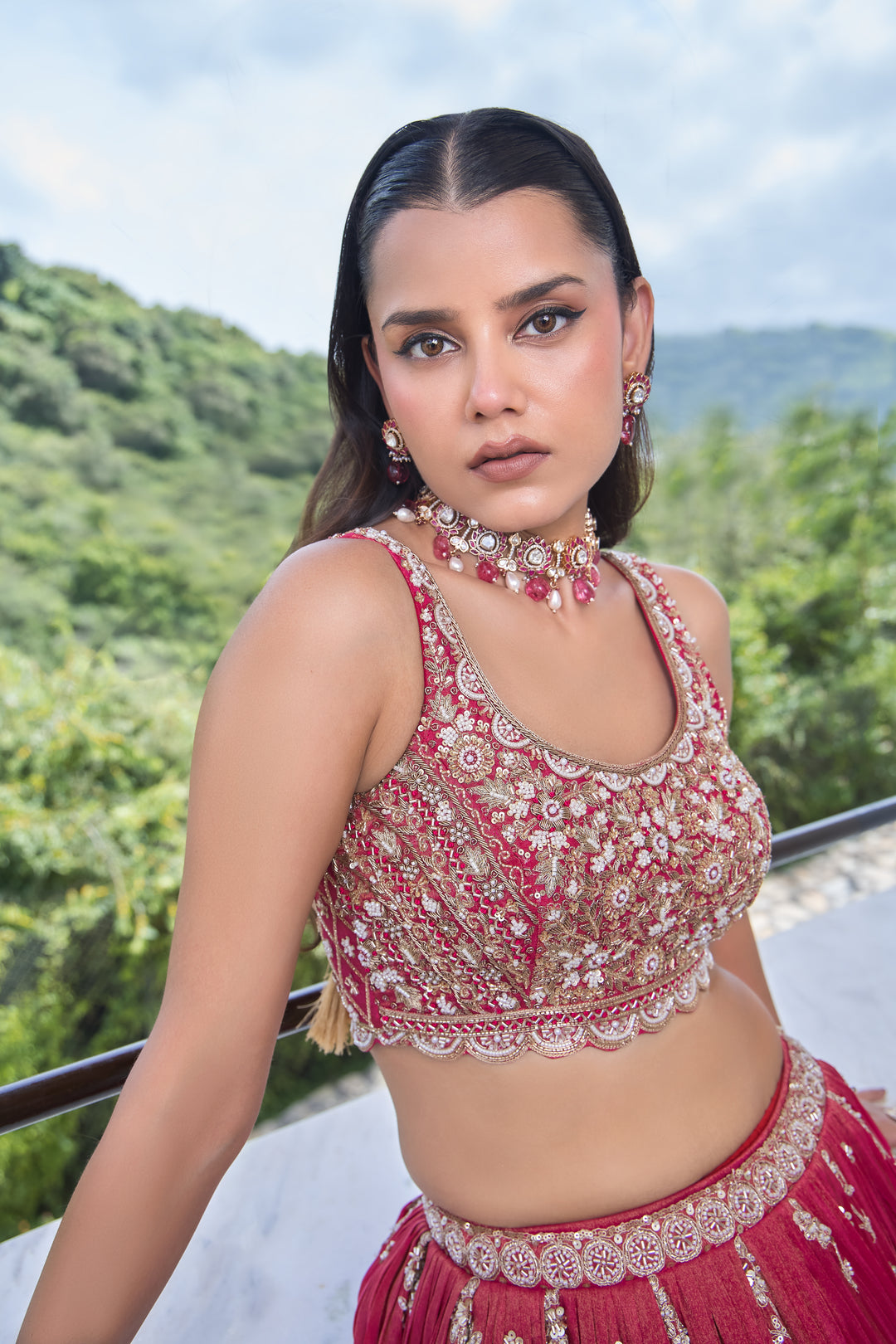 Red Silk Blend Lehenga Choli with Opulent Golden Floral Embroidery & Dupatta